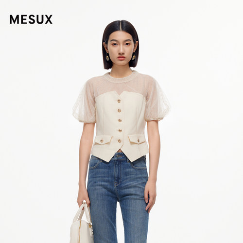 MESUX米岫新品女装网纱拼接甜美风泡泡袖上衣MMFUD301