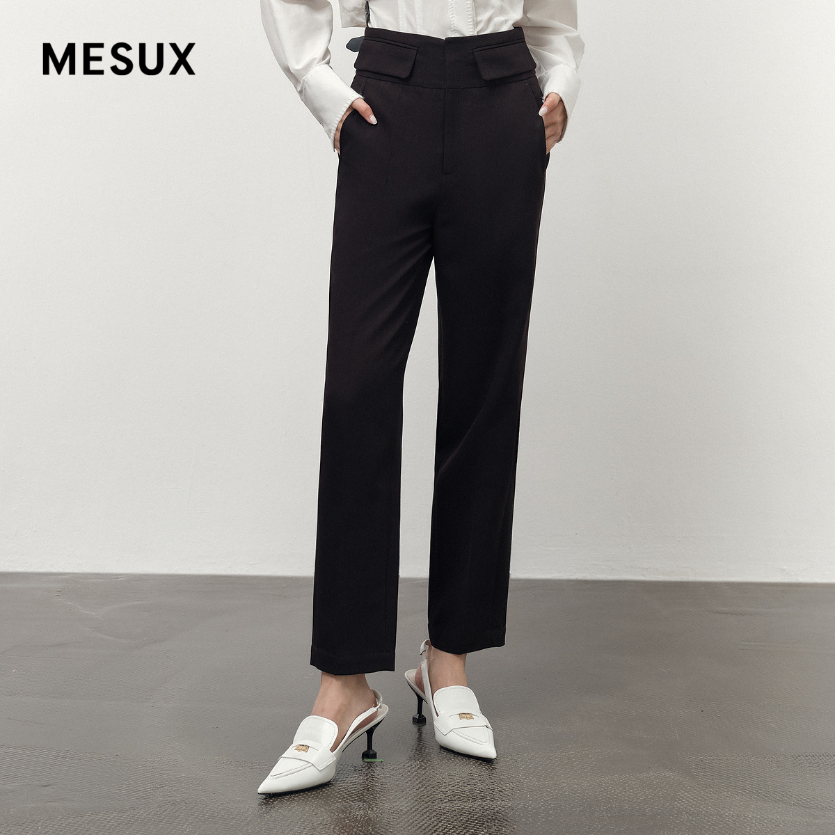 MESUX米岫秋季新品小脚翻盖百搭黑色休闲裤女长裤子MLFUQ404