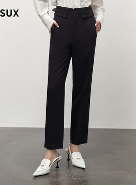 MESUX米岫秋季新品小脚翻盖百搭黑色休闲裤女长裤子MLFUQ404