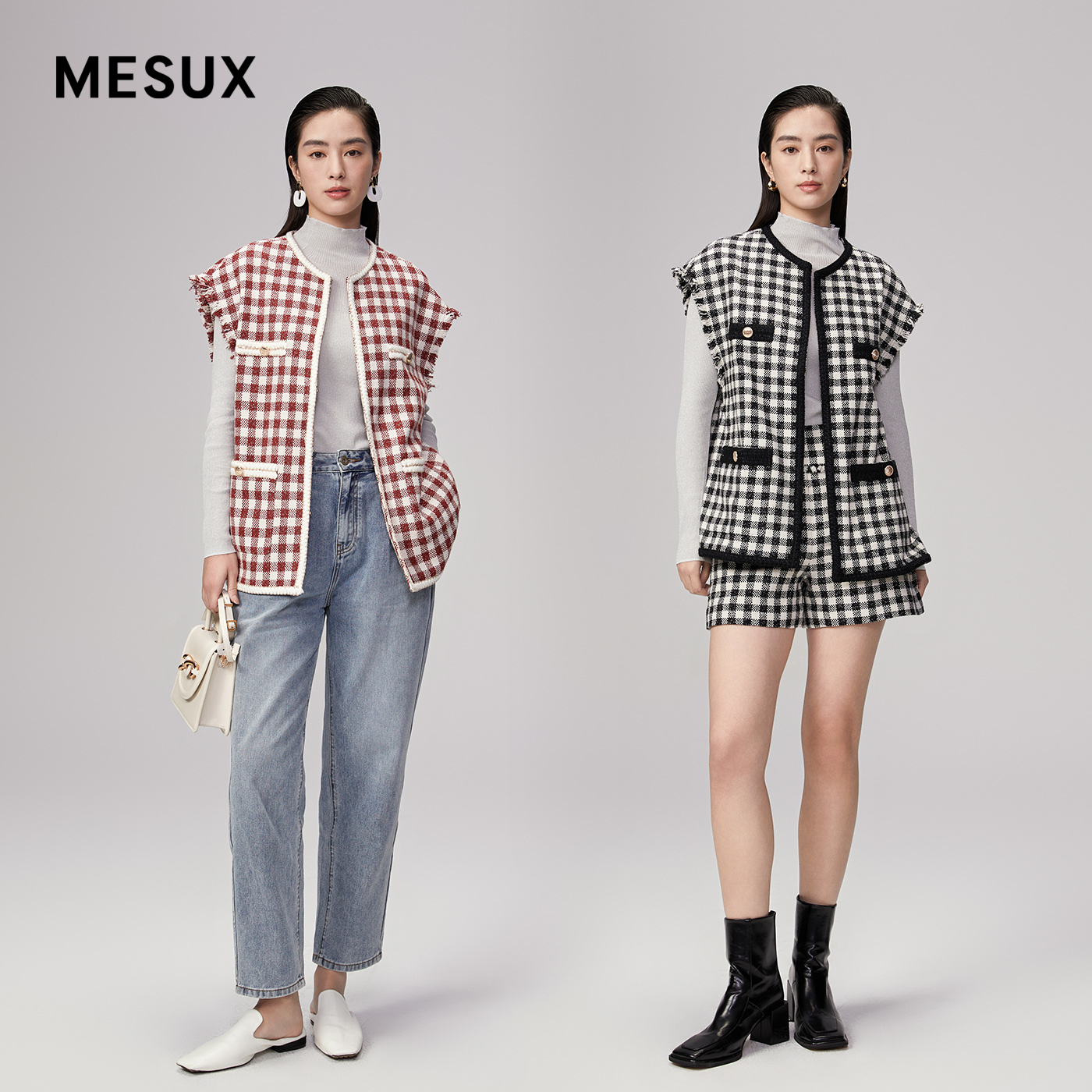 MESUX米岫棋盘格口袋装饰中长宽松外穿马甲MKSDK201