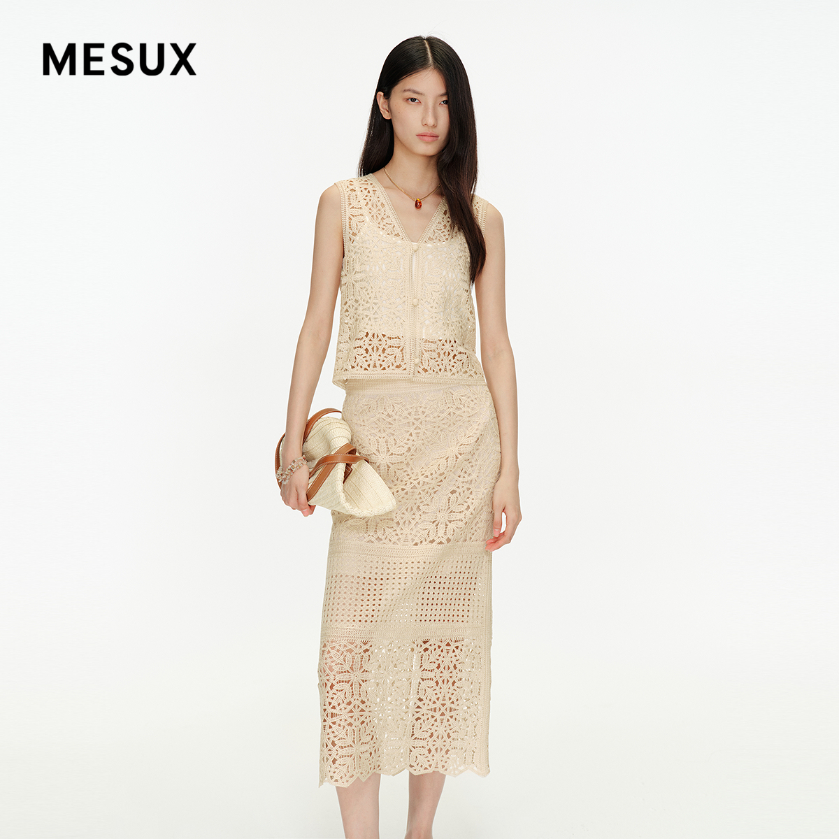 【张淼怡同款】MESUX米岫25夏重工编织镂空蕾丝马甲上衣MNMUK108