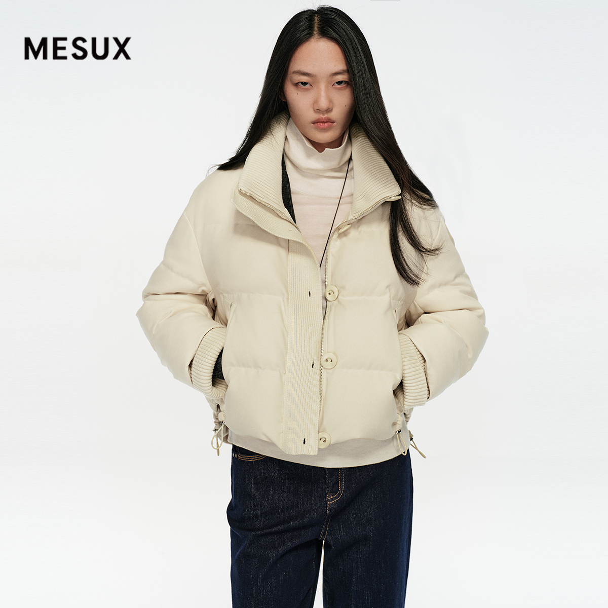 MESUX米岫25冬白鸭绒多功能轻暖泡芙针织高领短款羽绒服MNWSL202