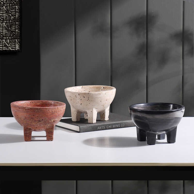 侘寂风黄洞大理石高脚水果盘零食盘居家客厅餐桌台面托盘装饰摆件