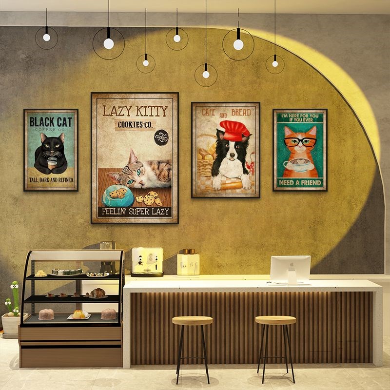 工业风咖啡厅挂画猫狗覆古海报美式风格餐厅奶茶店墙面动物装饰画图片