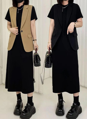 纸片人黑色中长款连衣裙女气质宽松显瘦遮肚子高级感长裙T恤裙子