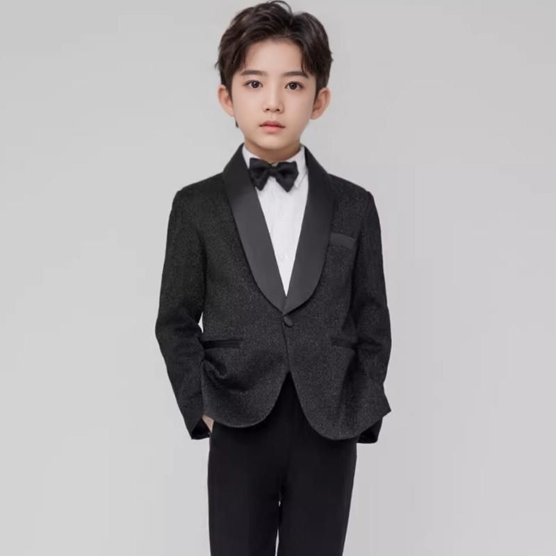 花童男童主持人礼服亮闪闪儿童小西装套装黑色婚礼男孩钢琴演出服