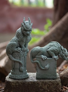 中式国潮禅意摆件盘龙青石柱家居桌面茶宠摆设鱼缸造景景观装饰品