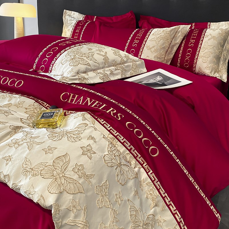 高档中式简约婚庆四件套大红色床单被套纯棉结婚床上用品婚房喜被