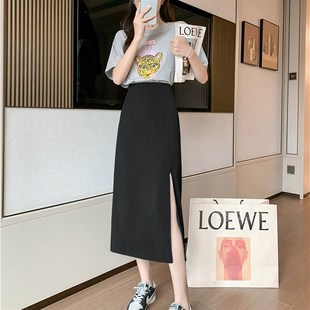 侧面开叉西装 中长款 裙 垂感显瘦一步a字裙子m大码 黑色半身裙女夏季