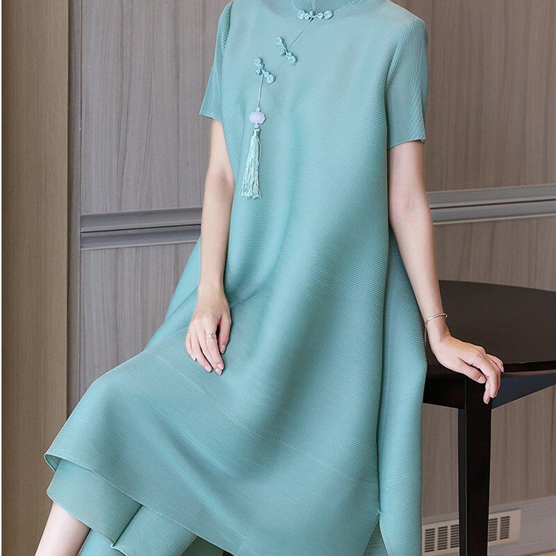 夏季中年妈妈休闲时尚套装大码显瘦型改进旗袍裙阔腿裤两件套