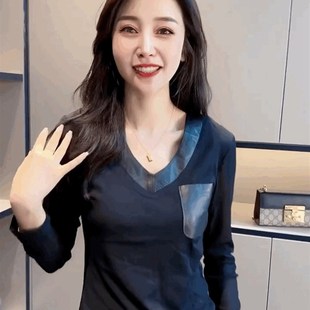 网纱修身 长袖 时尚 蕾丝拼PU皮t恤女黑色百搭打底衫 内搭上衣 V领修身