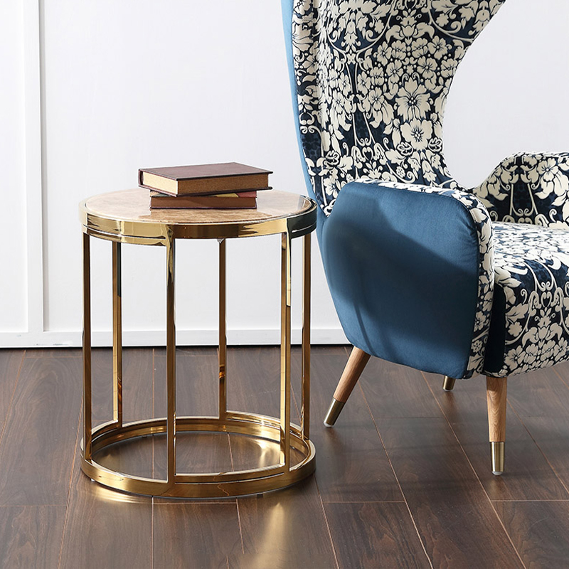 轻奢圆形客厅金属玫瑰金边几小户型简约边桌浅啡网大理石钢化圆桌