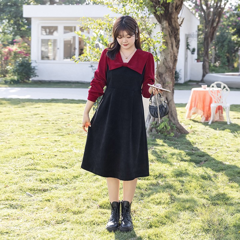 大码女装冬季新款法式针织连衣裙宽松显瘦胖妹妹雪尼尔加厚A字裙