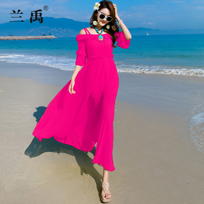 黄色波西米亚长款雪纺连衣裙女大摆修身显瘦海边度假长裙沙滩裙子