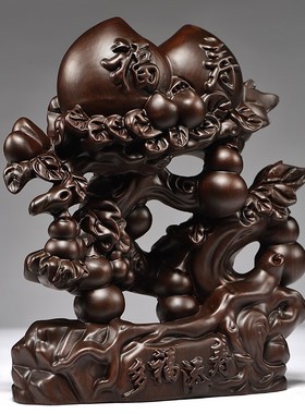 黑檀木雕寿桃摆件祝寿礼品实木雕刻寿桃五福临门葫芦贺寿老人礼品