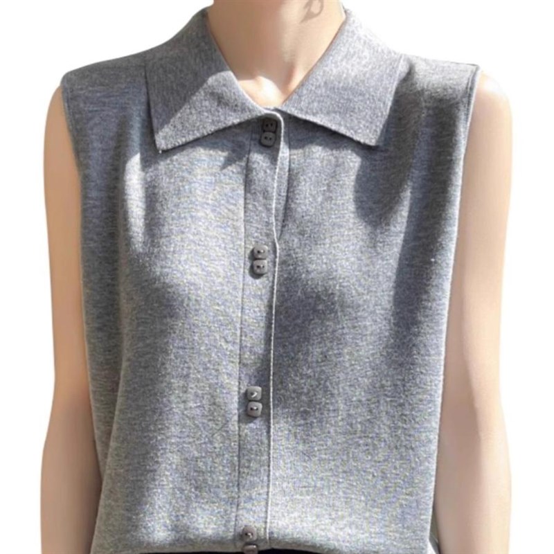 叠穿衬衫领无袖羊毛背心女西装开衫内搭翻领针织砍袖打底衫上衣春