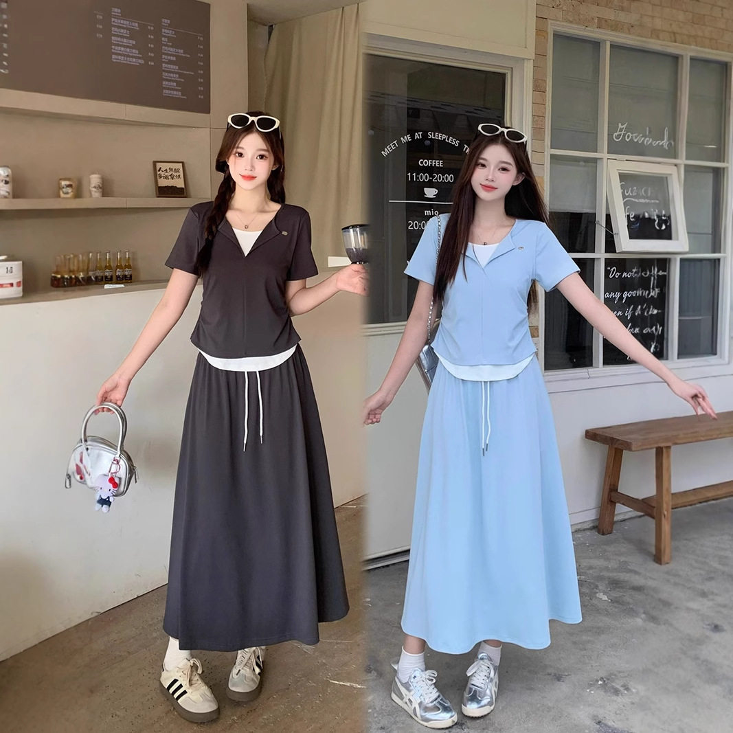 【我们俩】2025夏装新款大码女韩系撞色拼接短袖T恤+半身裙套装