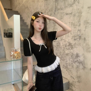 女裝 胖mm時尚 我們倆 收腰顯瘦芭蕾風拼接韓系短袖 T恤 大碼