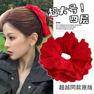 16cm超大号红色大肠发圈蕾丝边多层扎发马尾头绳新年2025圣诞头花