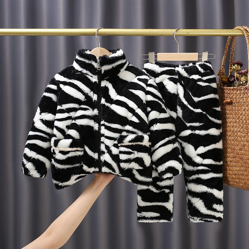 冬季儿童拉链款夹棉宝宝三层超厚长毛绒家居珊瑚绒男女童睡衣套装