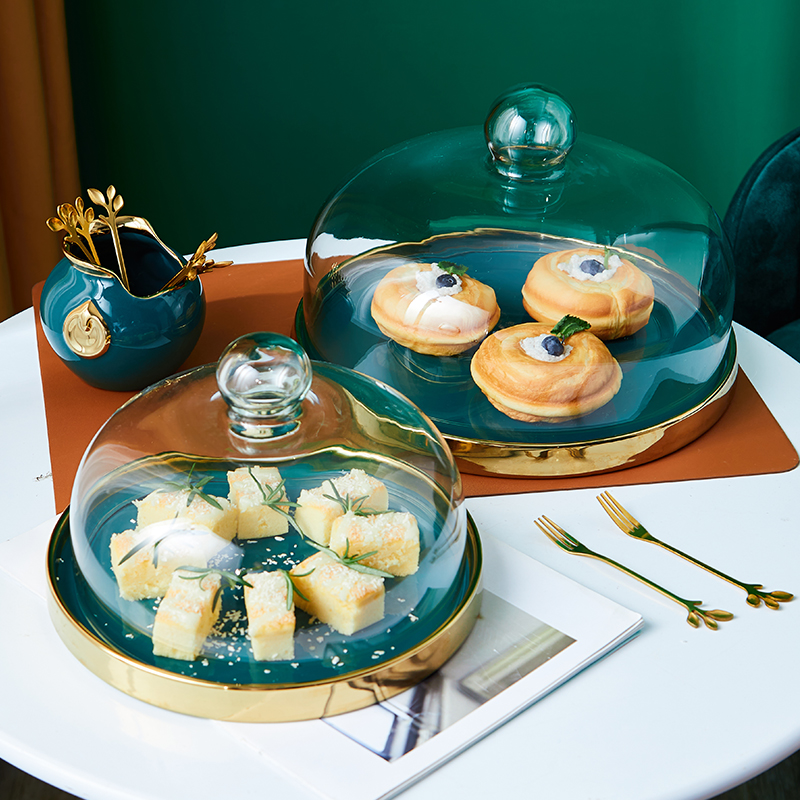 蛋糕展示托盘面包水果试吃盘带盖甜品玻璃罩店用透明蛋糕罩盘子