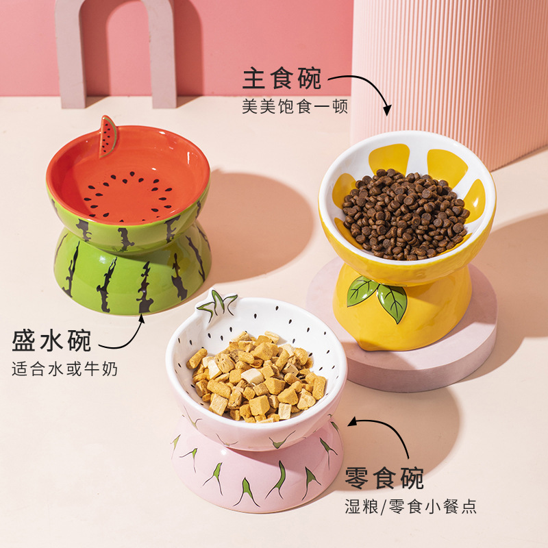 元気喵丨猫碗陶瓷猫食盆高脚狗盆狗碗斜口猫咪专用饭碗喝水碗护颈