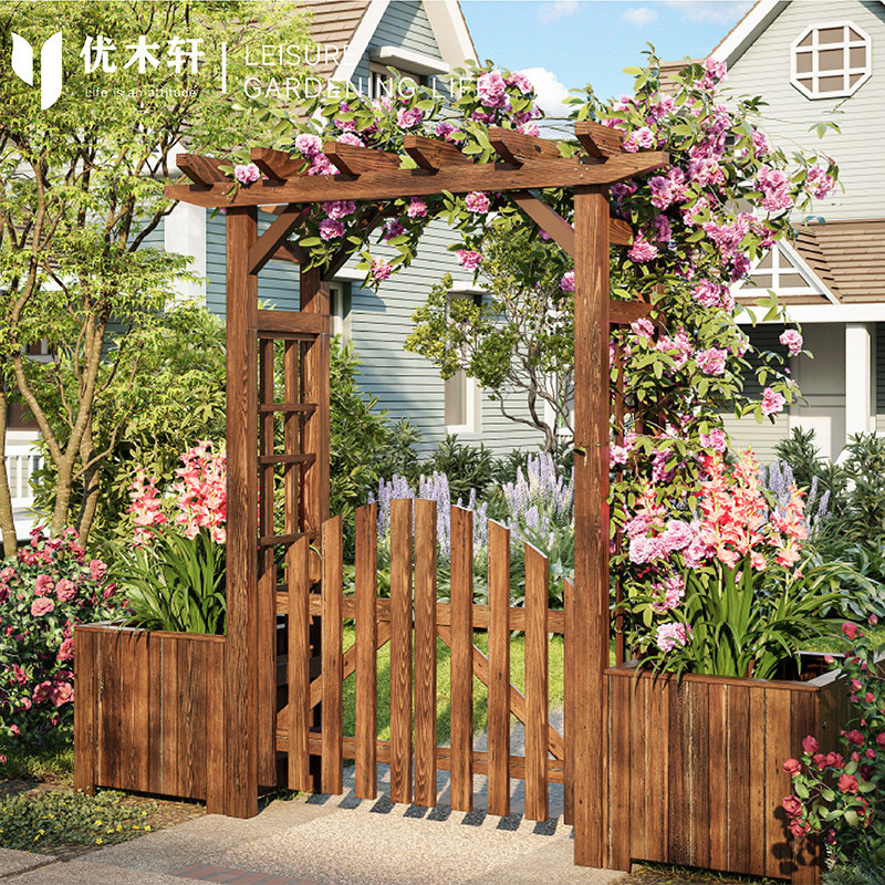 防腐木拱形花架爬藤架户外庭院花园拱门带门月季支架室外栅栏围栏