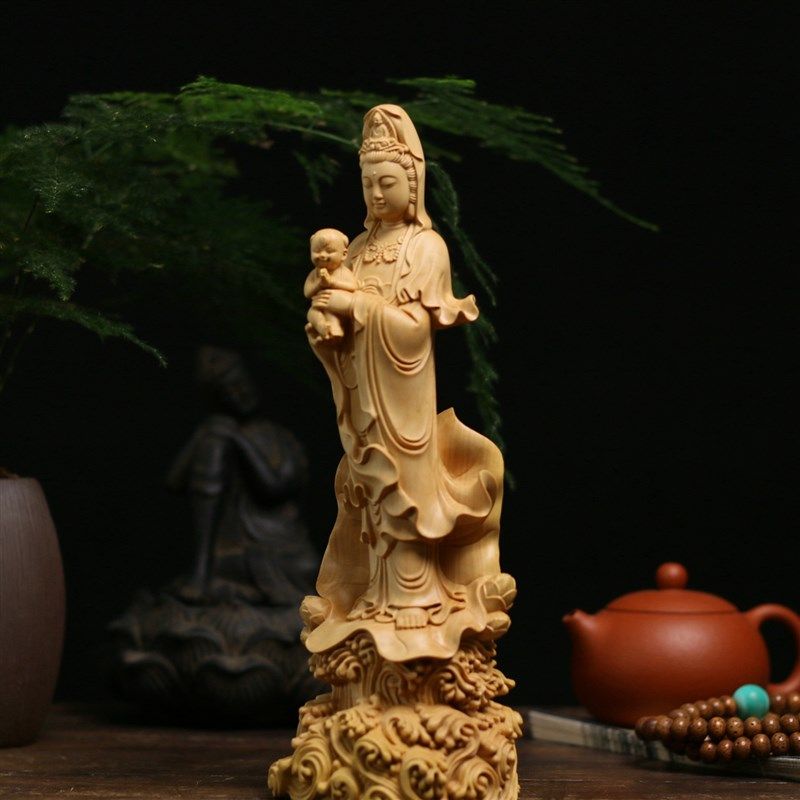 小叶黄杨木雕实木雕刻木质摆件新中式工艺品供奉菩萨佛像送子观音