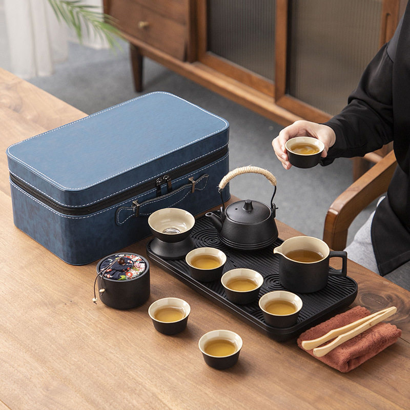 日式便携旅行茶具套装商务户外家用办公泡茶壶陶瓷茶杯茶盘便携包