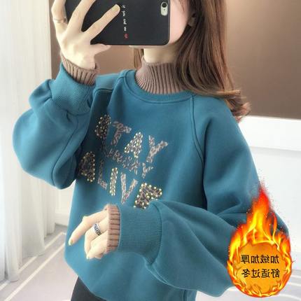 半高领卫衣女秋冬韩版宽松bf慵懒风ins加绒加厚设计感小众外套潮