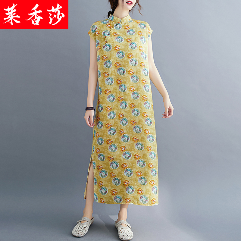 民族风苎麻印花旗k袍改良版连衣裙女夏季宽松长款中式棉麻遮肉裙