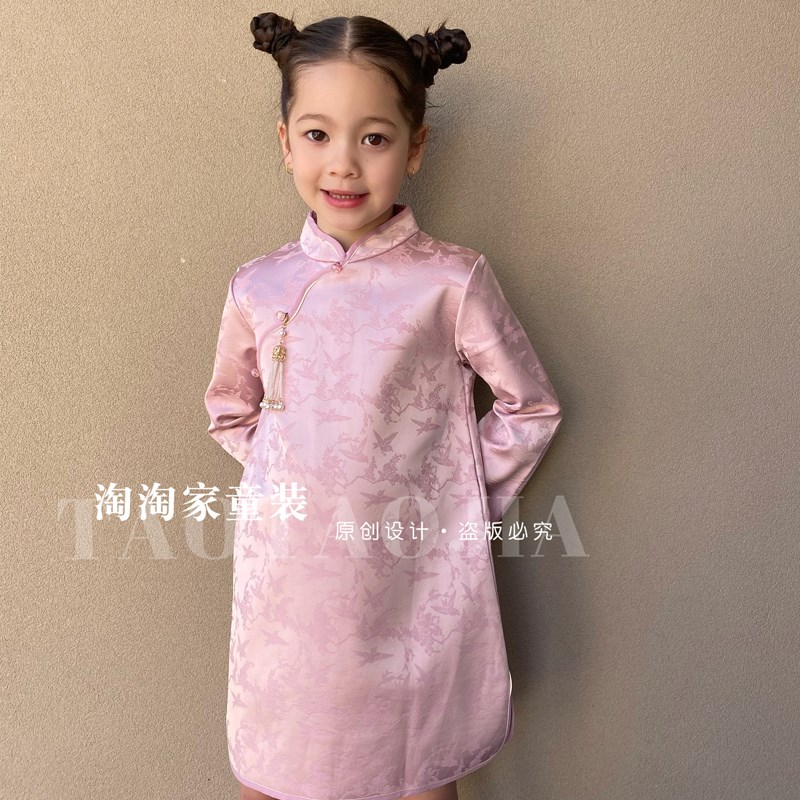 2025款冬季女童旗袍连衣裙提花古装汉服秋冬洋气儿童公主裙演出服