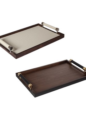 样板间售楼处洽谈区茶几托盘纸巾盒实木皮革客厅餐厅软装饰品摆件