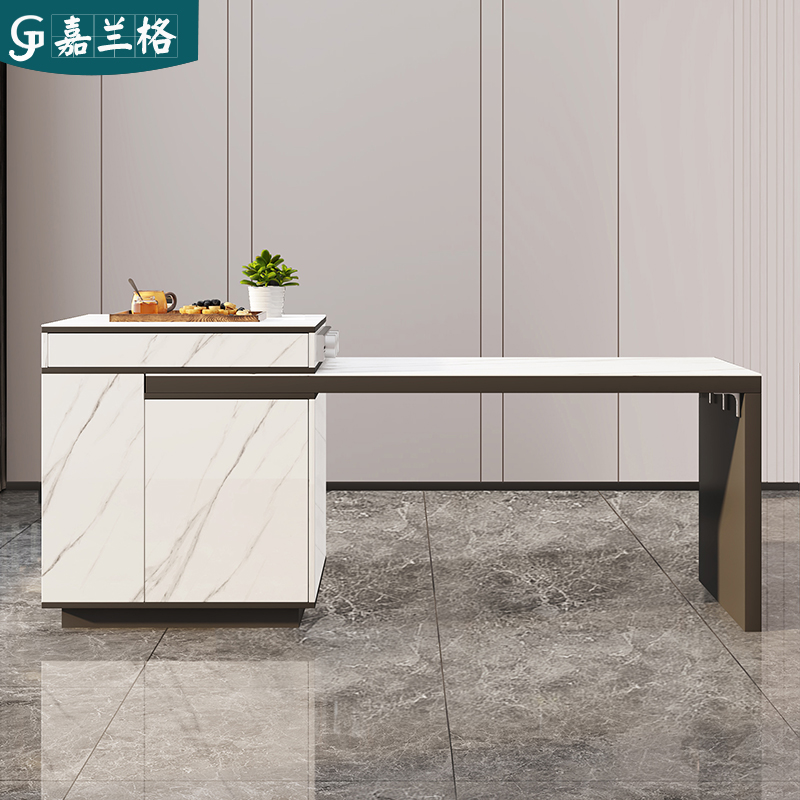 轻奢岩板岛台餐桌一体可伸缩家用小户型中岛台多功能厨房茶桌吧台