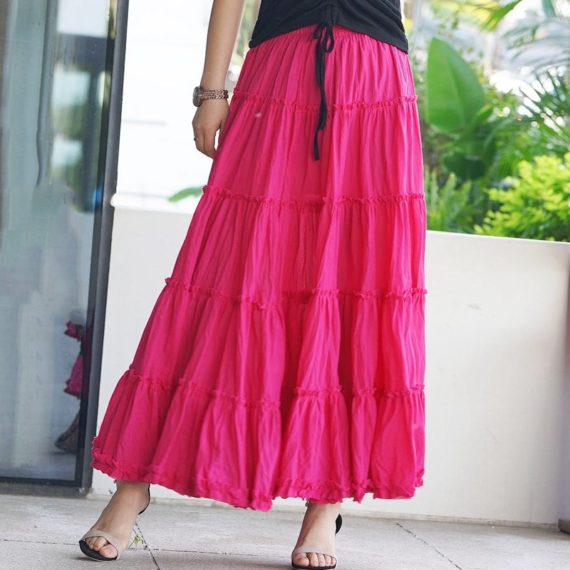 半身长裙夏大摆裙高腰沙滩裙跳舞裙子文艺波西米亚A字半身裙红色