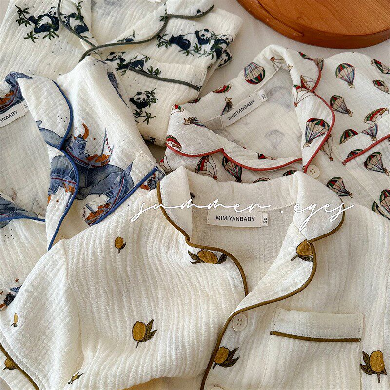 宝宝短袖家居服套装棉纱卡通满印儿童睡衣夏季男女童空调服2件套