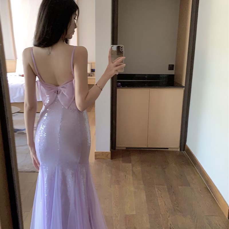 2023秋冬新款名媛气质星光人鱼姬拼接亮片连衣裙网纱鱼尾裙小礼服