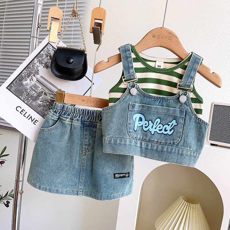 女童夏装纯棉牛仔套装2024新款宝宝夏季背心吊带半身裙休闲三件套