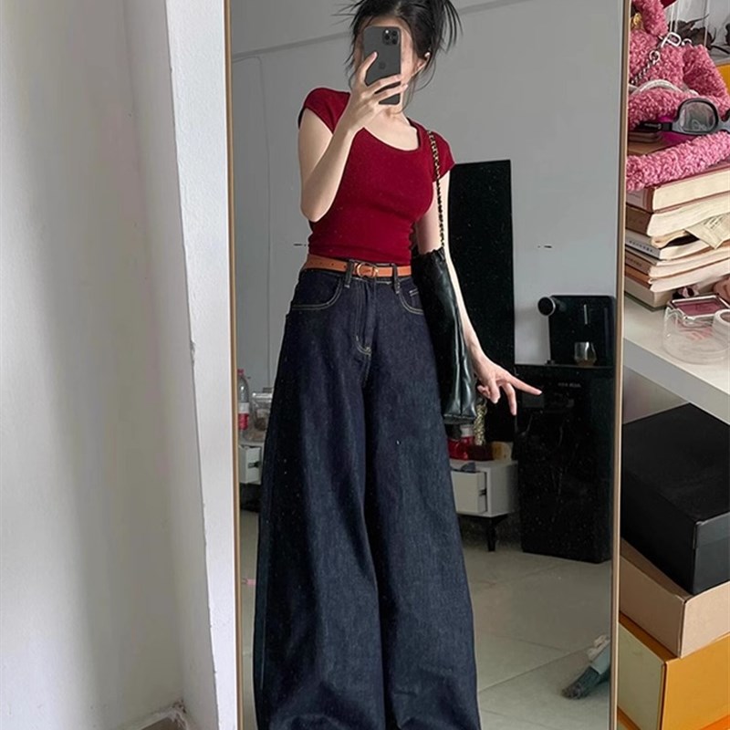 加绒复古深蓝高腰阔腿牛仔裤女秋冬2024年直筒宽松显瘦垂感拖地裤