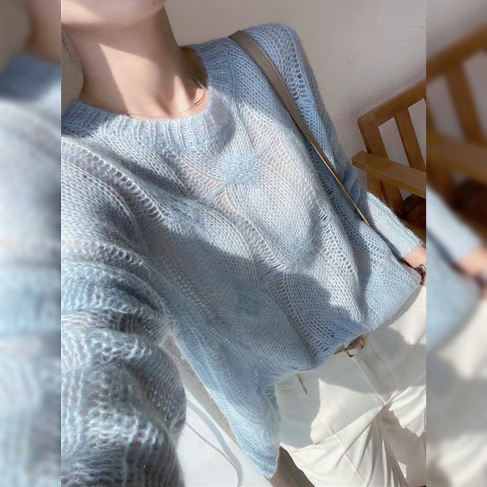 蓝色镂空薄款马海毛针织衫女秋冬慵懒松驰感软糯麻花毛衣内搭上衣