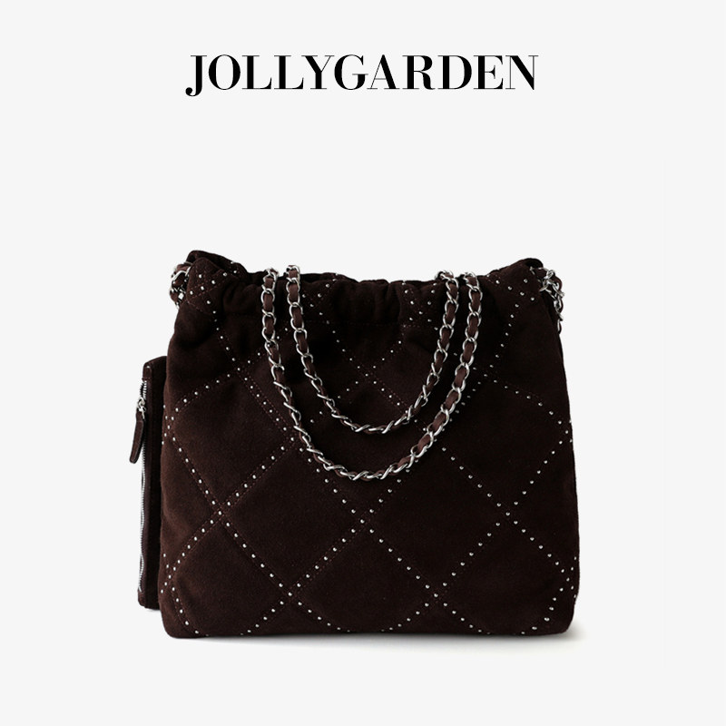 JOLLY GARDEN【香芜】秋冬小香风磨砂皮铆钉菱格垃圾袋单肩hobo包,箱包皮具/热销女包/男包,托特包,淘宝优惠券,粉丝福利购,淘宝优惠卷