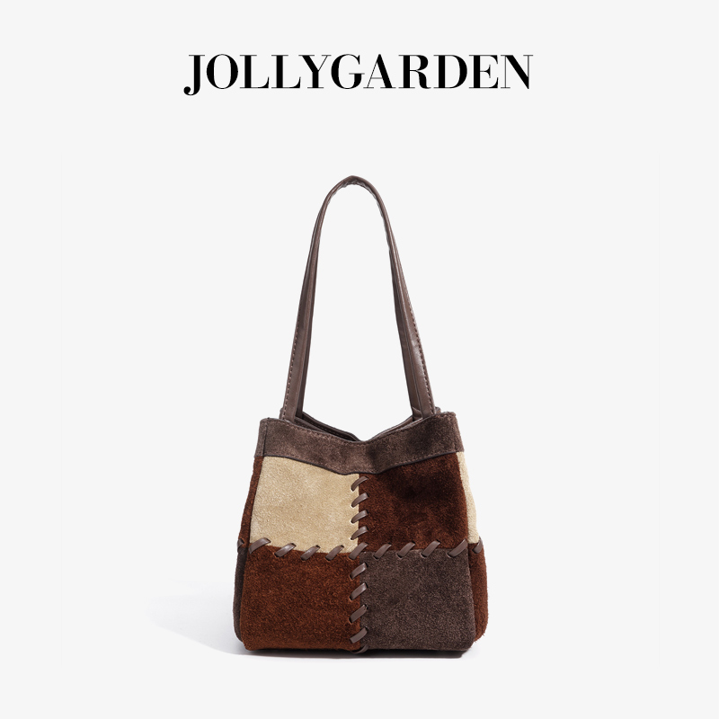 秋冬水桶包拼色磨砂皮手提复古