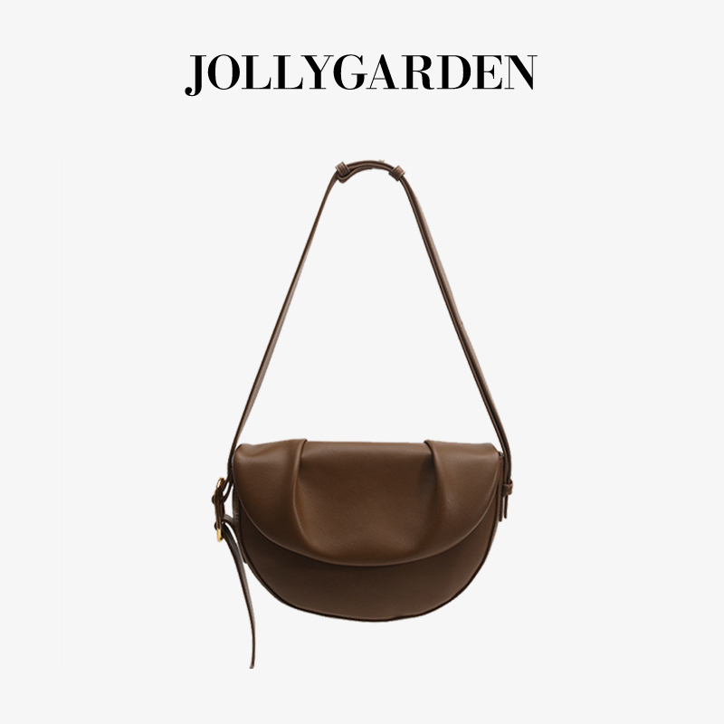 JOLLY GARDEN【奶芙】新款真皮百搭小众牛皮褶皱马鞍包女斜挎包
