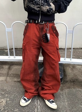 Vcatecx砖红色工装裤cargo喷脏做旧水洗直筒A字休闲裤长裤潮男女