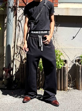 vcatecx重磅410g水洗黑色复古休闲裤毛圈卫裤男女微喇直筒长裤子