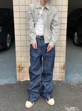 Vcatecx康龙14盎司蓝色复古原牛微喇直筒宽松牛仔裤男女长裤子潮