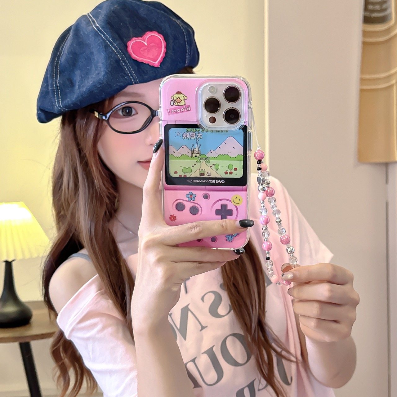 新款粉色古早游戏机适用于苹果16promax带手链手机外壳iPhone15pro全包边防摔14/13创意ins风女款保护套