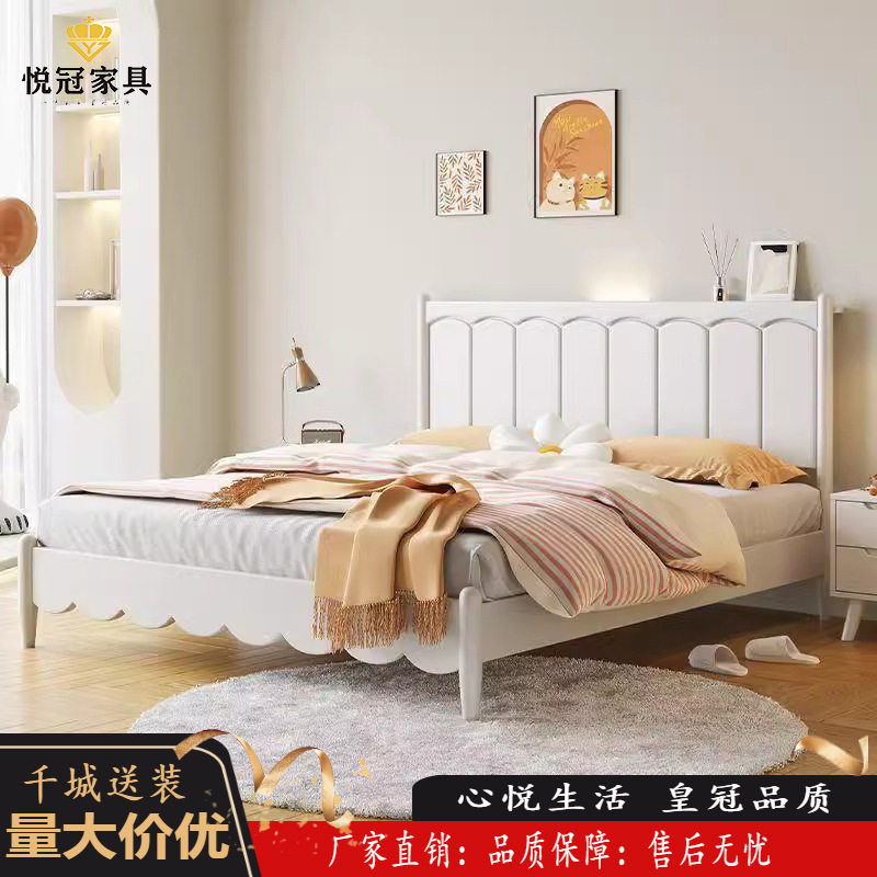 白色实木床现代简约奶油风1.8m双人主卧室大床1.2m单人小户型家用