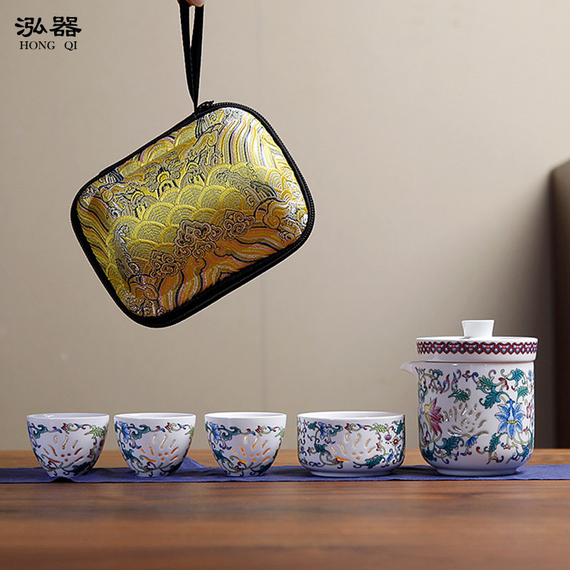 泓器缠枝莲羊脂玉瓷玲珑旅行茶具户外快客杯一壶三杯便携泡茶器