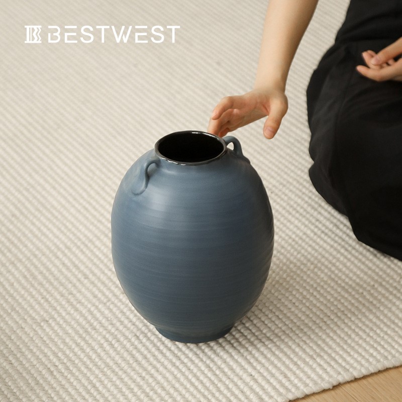 Bestwest深蓝色中式花瓶陶瓷摆件复古陶罐轻奢高级感客厅插花器皿